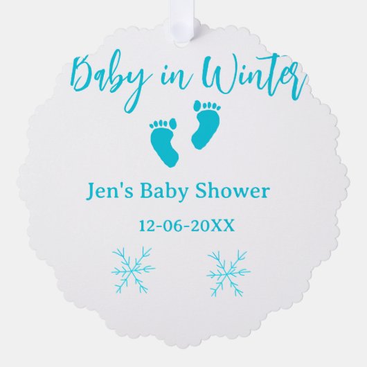 Baby in Winter baby shower blue baby feet snowflak オーナメントカード (正面)
