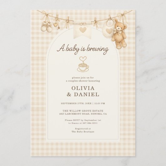 Baby is Brewing All in One Coffee Couples Shower 招待状 (正面)