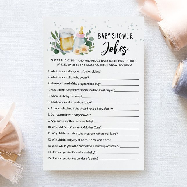 Baby Is Brewing Baby Shower Jokes Game Pink card (Greenery and Beer Baby Brewing Baby Shower Jokes Game)