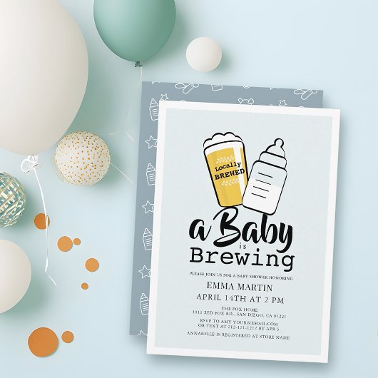 Baby is Brewing Beer Baby Bottle Blue Baby Shower 招待状