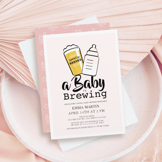 Baby is Brewing Beer Baby Bottle Pink Baby Shower 招待状
