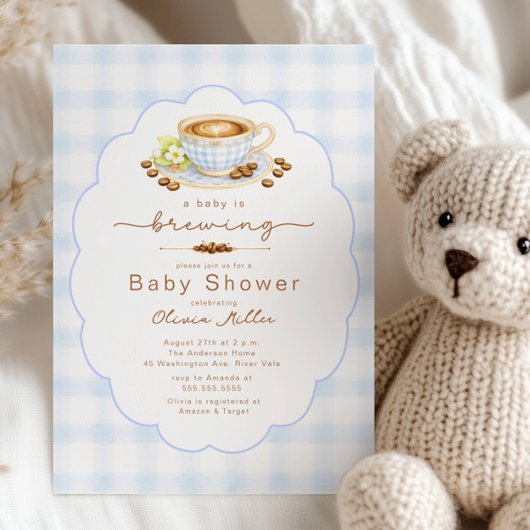 Baby Is Brewing Blue Coffee Baby Shower Invite 招待状