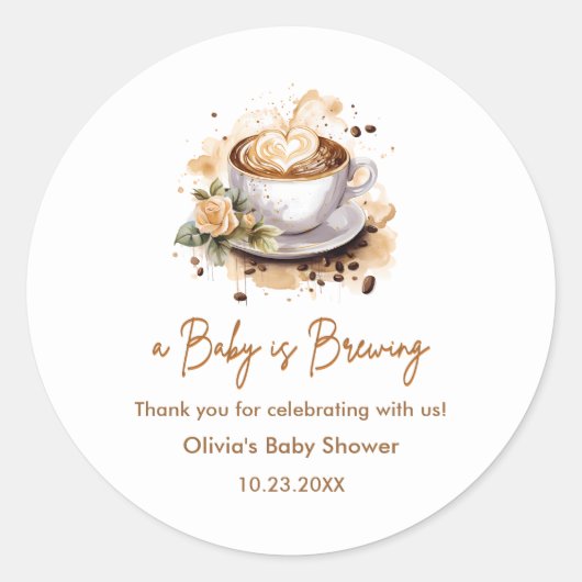 Baby is Brewing Brown Coffee Baby Shower Thank You ラウンドシール (正面)