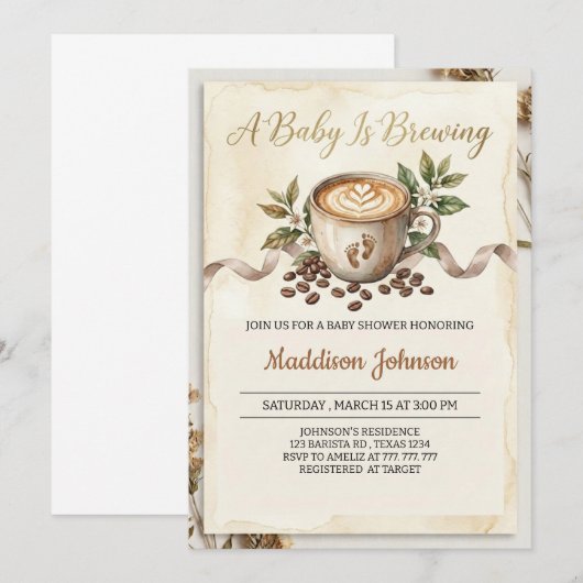 Baby is Brewing Coffee Baby Shower 招待状 (正面/裏面)