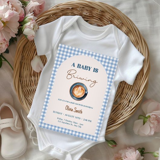 Baby is Brewing Coffee Baby Shower Blue Gingham  招待状