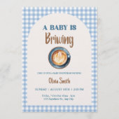 Baby is Brewing Coffee Baby Shower Blue Gingham  招待状 (正面)