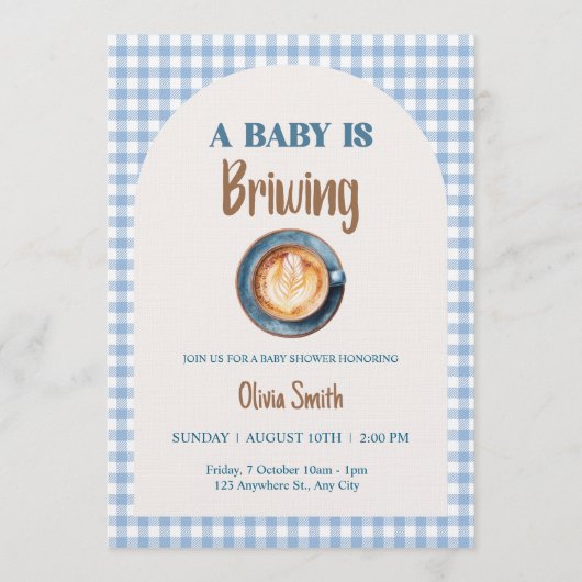 Baby is Brewing Coffee Baby Shower Blue Gingham  招待状 (正面)