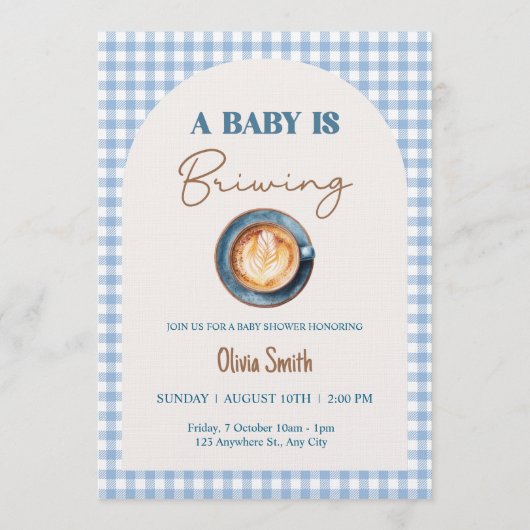 Baby is Brewing Coffee Baby Shower Blue Gingham  招待状 (正面)
