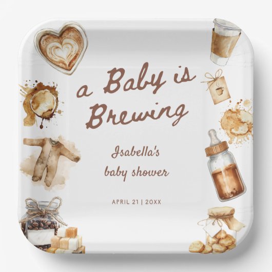 Baby Is Brewing Coffee Brown Baby Shower ペーパープレート (正面)