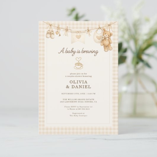 Baby is Brewing Coffee Clothesline Couples Shower 招待状 (スタンド正面)