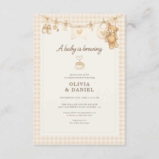 Baby is Brewing Coffee Clothesline Couples Shower 招待状 (正面)