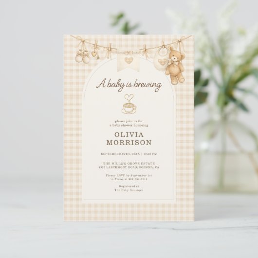 Baby is Brewing Coffee Gingham Baby Shower 招待状 (スタンド正面)
