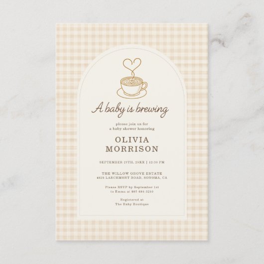 Baby is Brewing Coffee Gingham Baby Shower 招待状 (正面)