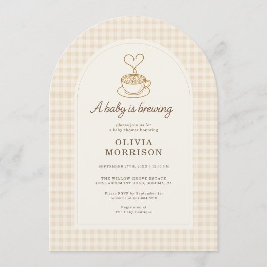 Baby is Brewing Coffee QR Code Baby Shower 招待状 (正面)