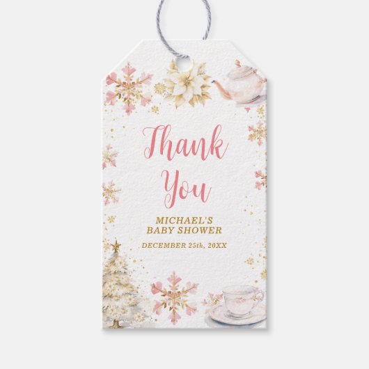 Baby Is Brewing Pink Winter Tea Party Baby Shower ギフトタグ (正面)