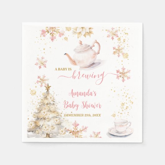 Baby Is Brewing Pink Winter Tea Party Baby Shower スタンダードカクテルナプキン (正面)