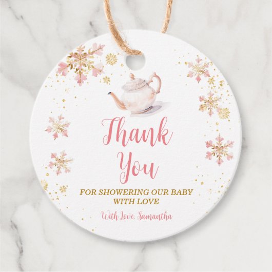 Baby Is Brewing Pink Winter Tea Party Baby Shower フェイバータグ (正面)