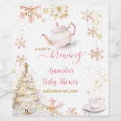 Baby Is Brewing Pink Winter Tea Party Baby Shower ワインラベル (シングルラベル)