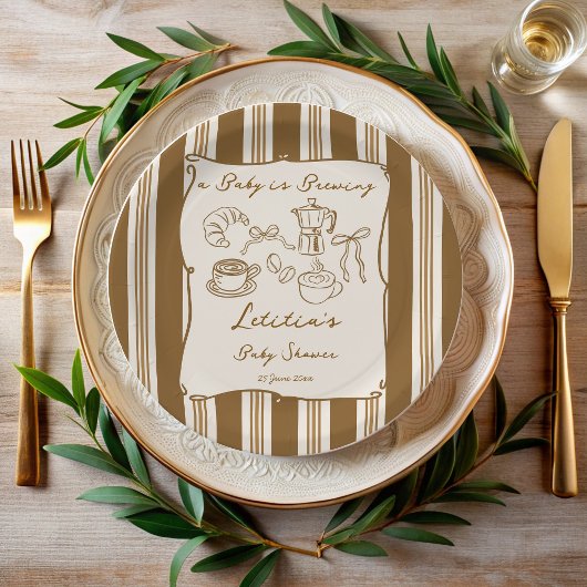 Baby is brewing retro stripes coffee baby shower  ペーパープレート
