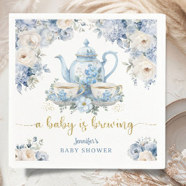 Baby Is Brewing Tea Baby Shower Boy Blue Floral スタンダードカクテルナプキン
