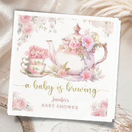 Baby Is Brewing Tea Baby Shower Pink Floral スタンダードカクテルナプキン