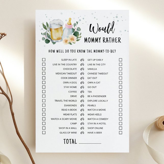 Baby Is Brewing Would Mommy Rather Game Pink (Greenery and Beer Baby Brewing Baby Shower Would Mommy Rather Game)