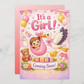 Baby Is Coming – Baby Girl Design  招待状 (正面/裏面)