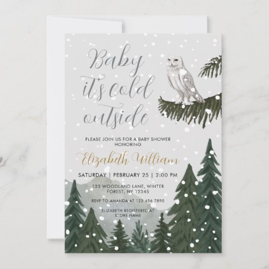 Baby It’s Cold Outside 雪フクロウのベビーシャワー 招待状 (正面)