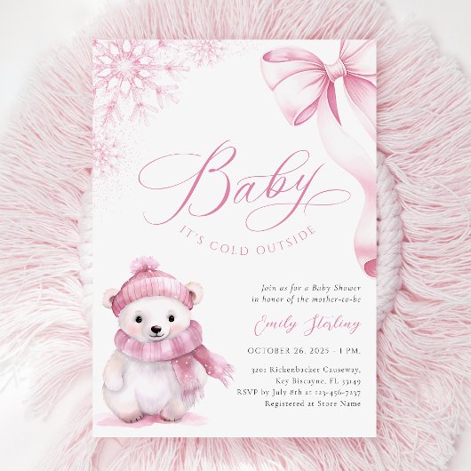 Baby It’s Cold Outside Pink Bear Baby Shower 招待状