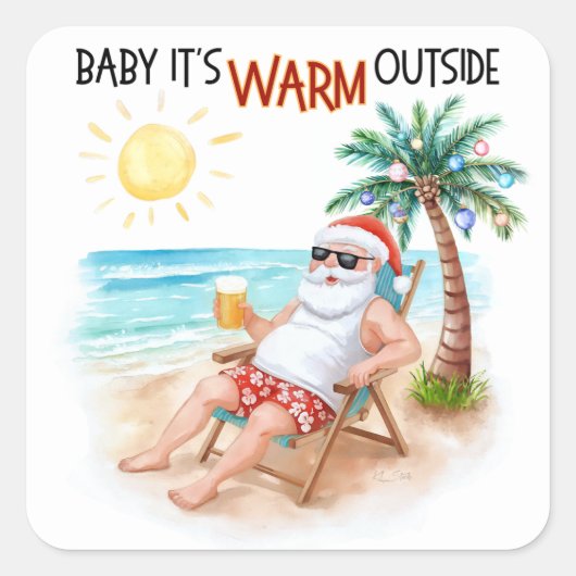 Baby It’s Warm Outside Tropical Christmas Santa スクエアシール (正面)