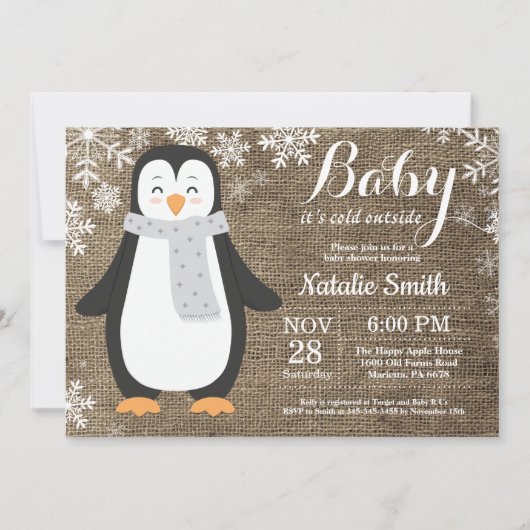 『Baby it's Cold Outside』バーリアペンギン 赤ちゃん歓迎会 招待状 (正面)