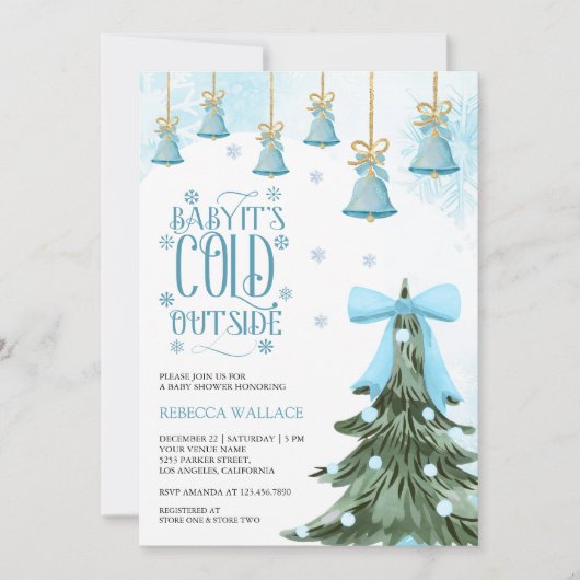 Baby It's Cold Outside 冬のブルーリボン ベビーシャワー 招待状 (正面)