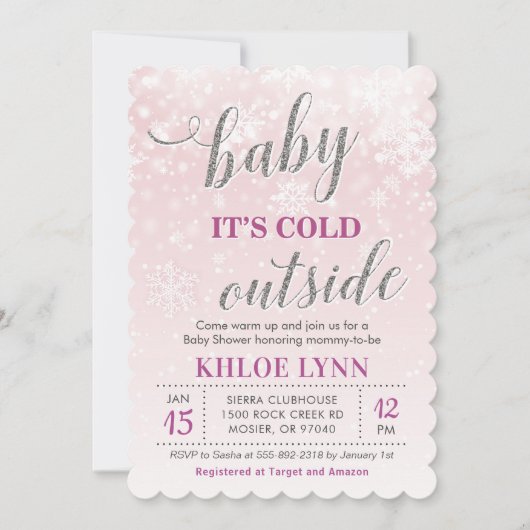 Baby+Its+Cold+Outside 冬のベビーシャワー ピンクの女の子 招待状 (正面)
