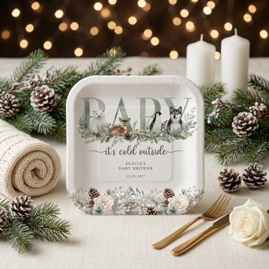 Baby It's Cold Outside 冬の動物ベビーシャワー ペーパープレート