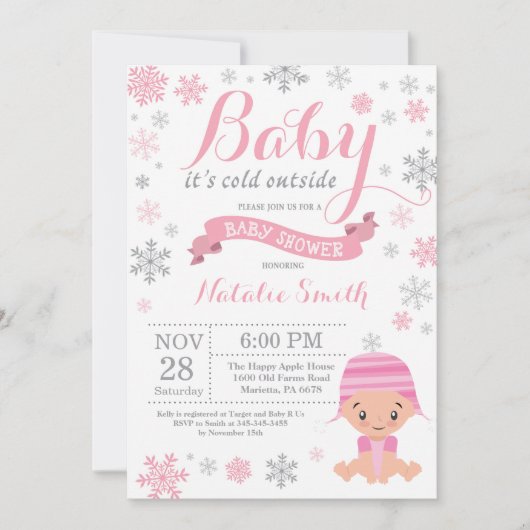 『Baby It's Cold Outside』冬の女の子ベビーシャワー ピンク 招待状 (正面)