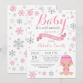 『Baby It's Cold Outside』冬の女の子ベビーシャワー ピンク 招待状 (正面/裏面)