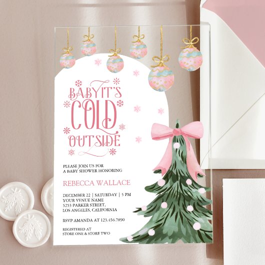 Baby It's Cold Outside 冬 ピンク リボン ベビーシャワー アクリル招待状