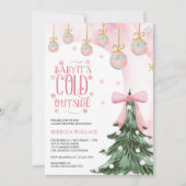 Baby It's Cold Outside 冬 ピンク リボン ベビーシャワー 招待状 (正面)