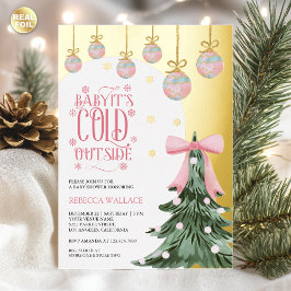 Baby It's Cold Outside 冬 ピンク リボン ベビーシャワー 箔招待状