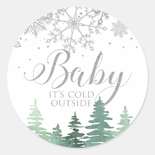 Baby It's Cold Outside 雪の結晶と木々 ラウンドシール (正面)