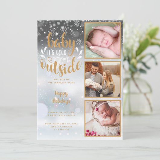 『Baby It's Cold Outside』3枚の写真を使った 誕生のお知らせカード シーズンカード (スタンド正面)