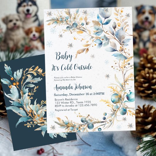 Baby It's Cold Outside Baby Shower Navy Gold 招待状
