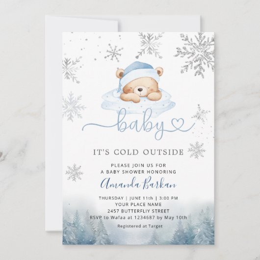 Baby Its Cold Outside Blue Bear Boy Baby Shower 招待状 (正面)
