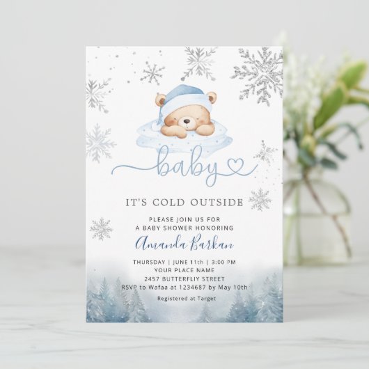 Baby Its Cold Outside Blue Bear Boy Baby Shower 招待状 (スタンド正面)