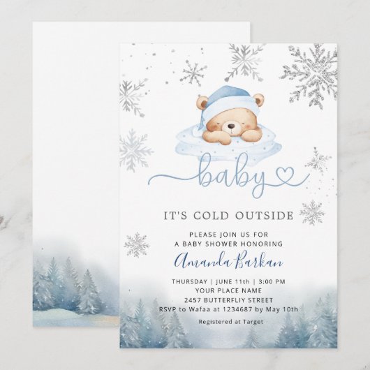 Baby Its Cold Outside Blue Bear Boy Baby Shower  招待状 (正面/裏面)