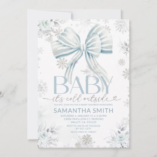 Baby It's Cold Outside Blue Bow Winter Baby Shower 招待状 (正面)
