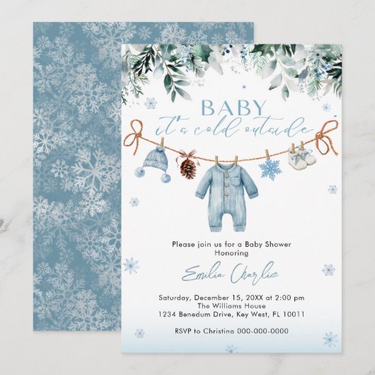 Baby it's Cold Outside Blue Clothes  Baby Shower  招待状 (正面/裏面)