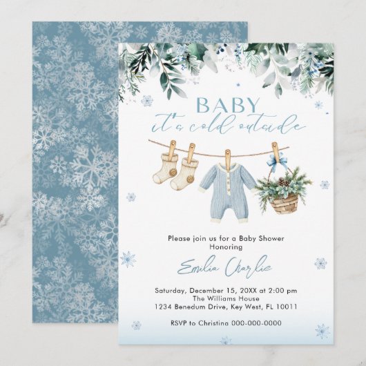 Baby it's Cold Outside Blue Clothes  Baby Shower  招待状 (正面/裏面)