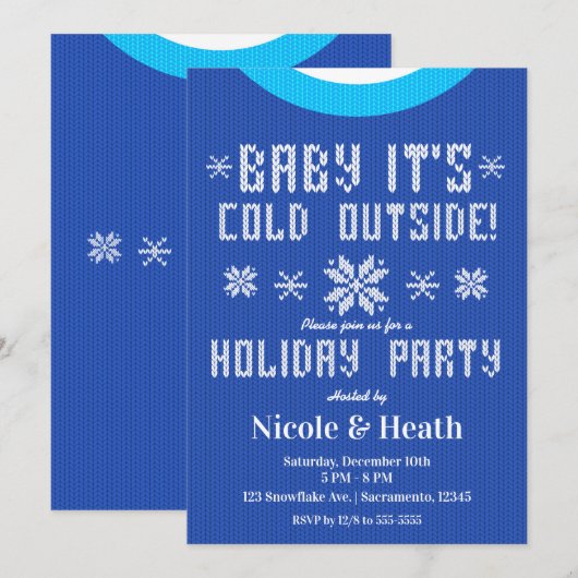 Baby It's Cold Outside Blue Sweater Holiday Party 招待状 (正面/裏面)