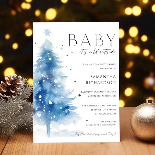 Baby it's cold outside blue white boy baby shower 招待状